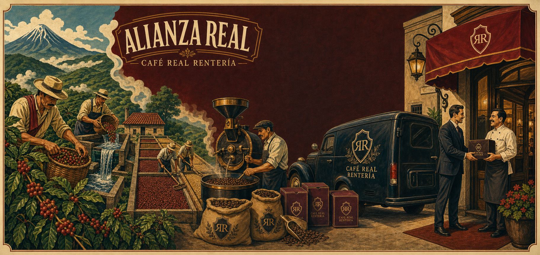Ilustración de Alianza Real mostrando cosecha, proceso, tostado y entrega comercial de Café Real Rentería